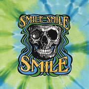 Close-up of retro Smile Smile Smile graphic on tie-dye long sleeve t-shirt