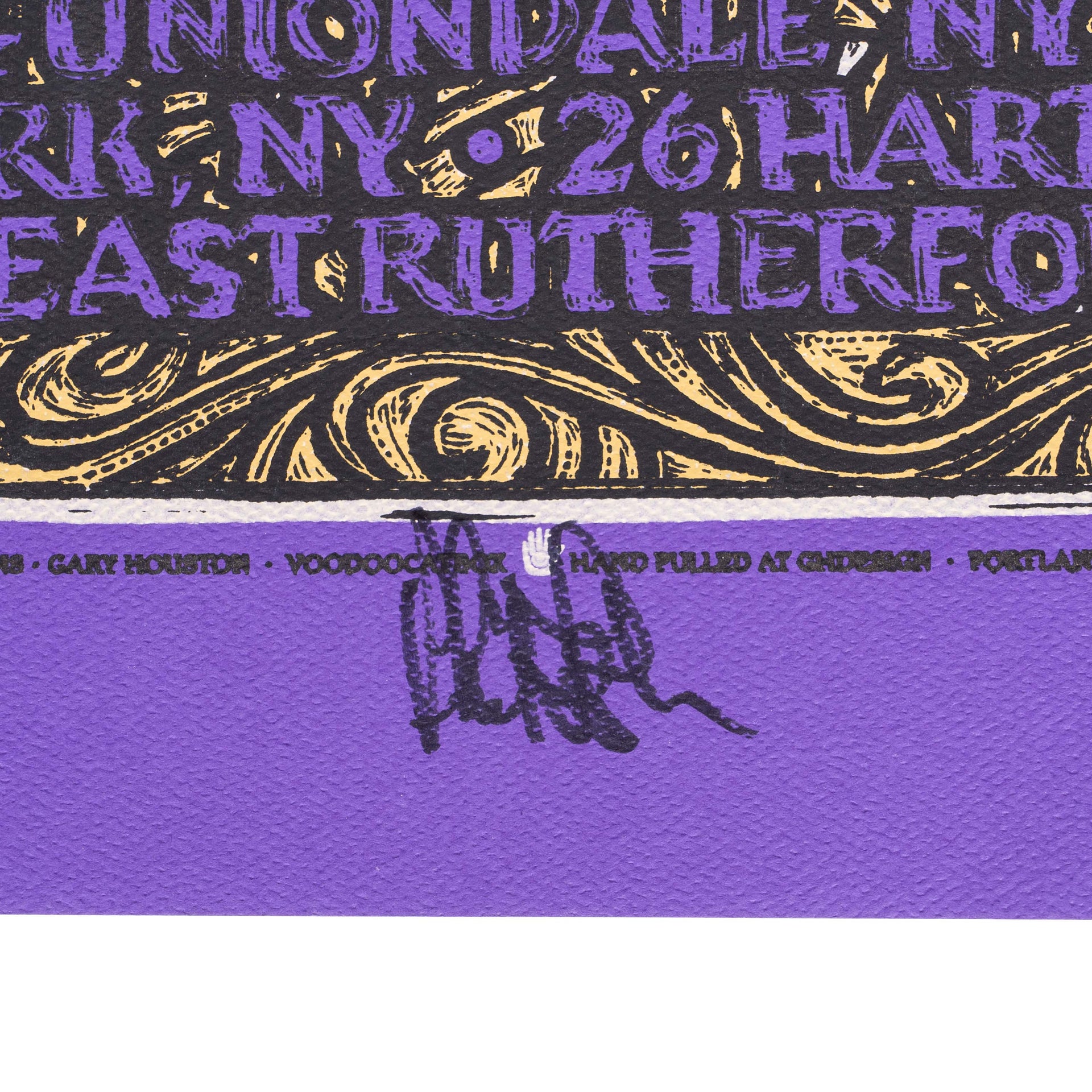Close-up of musician signatures and vibrant artwork on The Dead’s 2009 New York concert poster