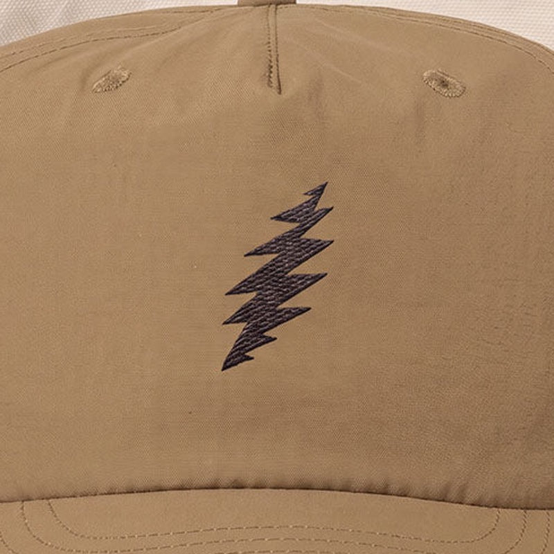 Close-up of the design on the Grateful Dead Embroidered Bolt Surf Hat - Camel