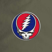 Close-up of the design on the Grateful Dead Embroidered Stealie Surf Rope Cap - Army Green