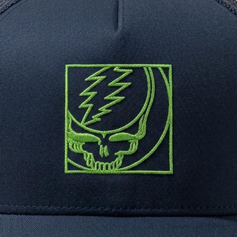 Close-up of the design on the Grateful Dead Embroidered Crop Stealie Trucker Hat - Navy