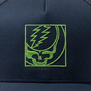 Close-up of the design on the Grateful Dead Embroidered Crop Stealie Trucker Hat - Navy