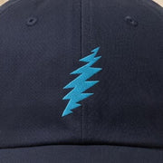 Close-up of the design on the Grateful Dead Embroidered Aqua Bolt Dad Hat - Navy