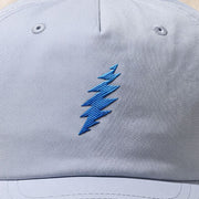 Close-up of the design on the Grateful Dead Embroidered Blue Bolt Surf Hat - Powder Blue