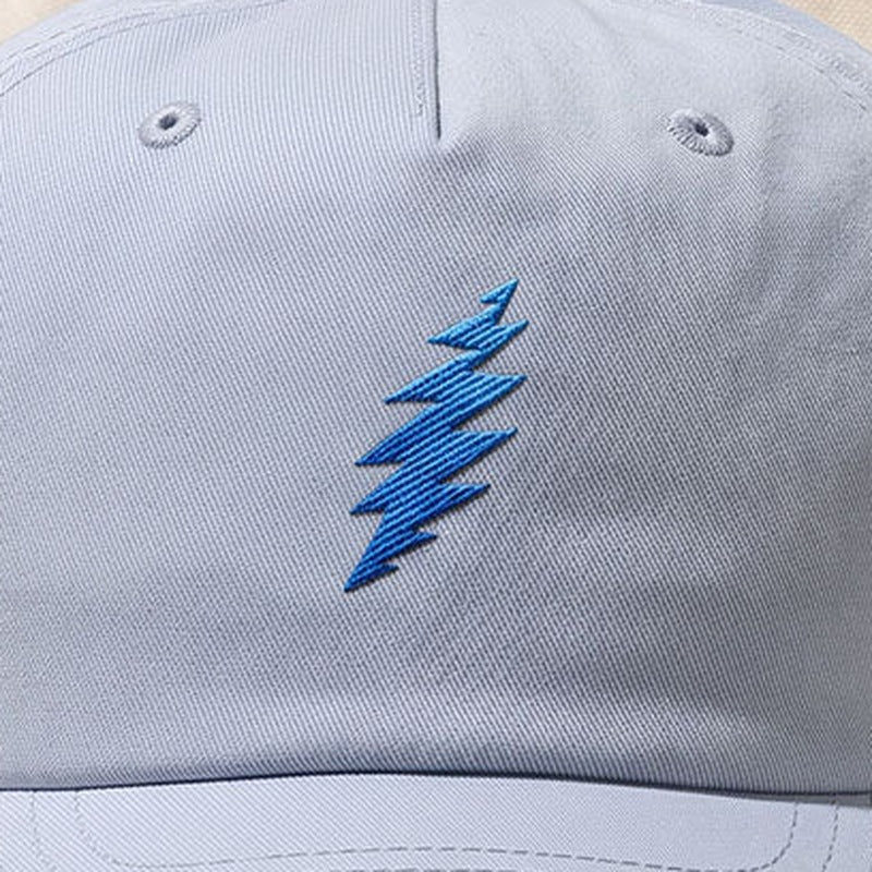 Close-up of the design on the Grateful Dead Embroidered Blue Bolt Surf Hat - Powder Blue