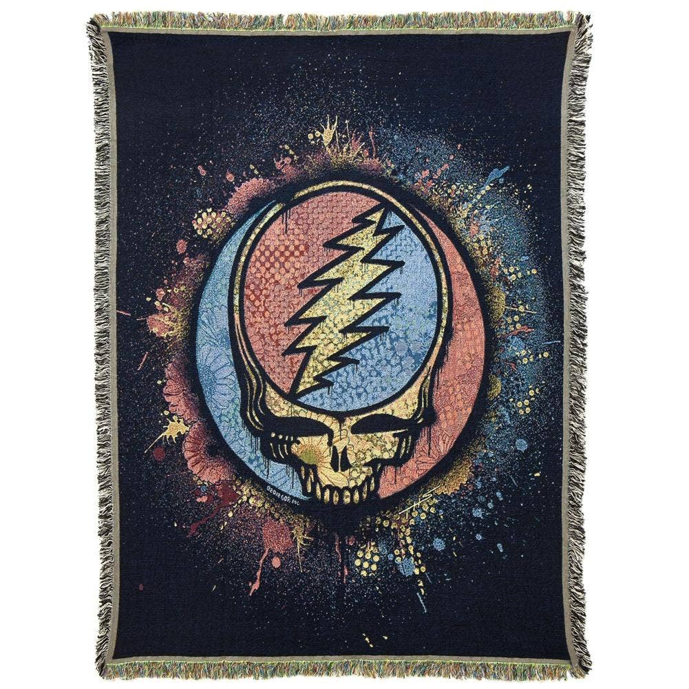 Grateful Dead Spray Paint Stealie Woven Cotton Blanket - Pink/Turquoise