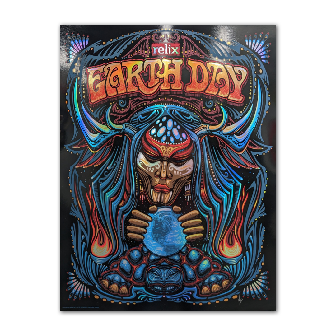 Limited edition Earth Day foil poster by Jeff Wood featuring nature-inspired psychedelic artwork with shimmering foil accents