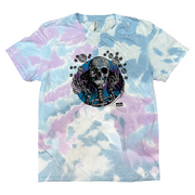 Floating Orbs throwback tie-dye t-shirt front view with abstract psychedelic orb design