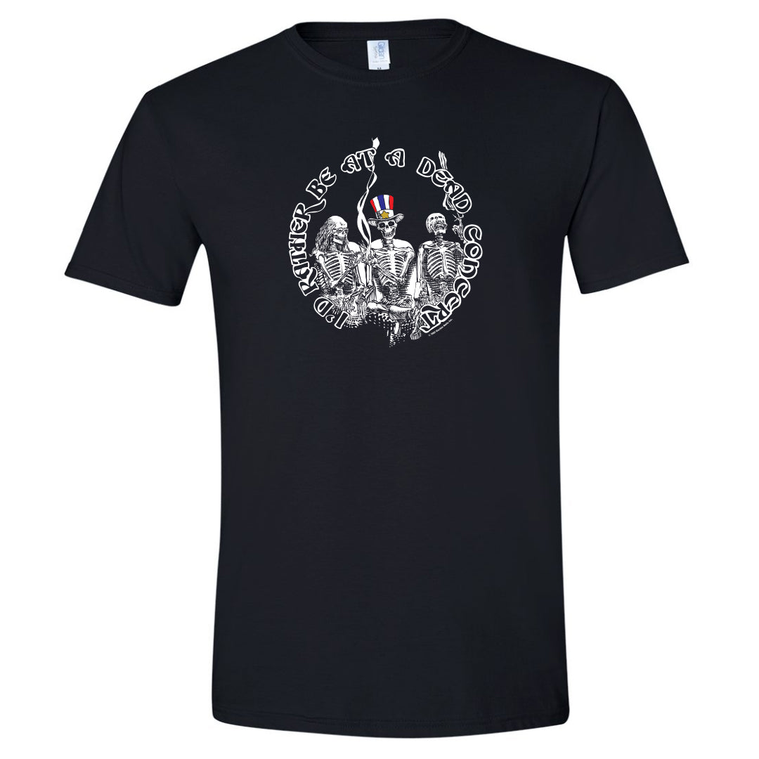I’d Rather Be at a Dead Concert Throwback T-Shirt with bold vintage graphic on black fabric