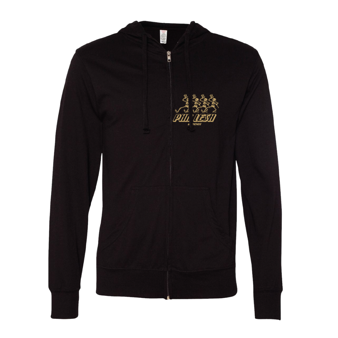 Phil Lesh & Friends zip-up hoodie front view with small dancing skeletons logo on chest