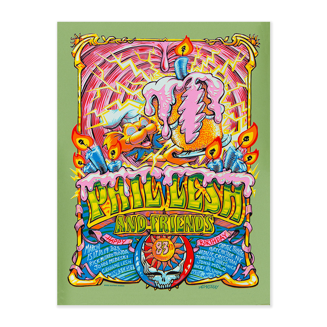 Phil Lesh & Friends Fairway poster by AJ Masthay from March 2023 featuring vivid, birthday-themed psychedelic artwork with concert details