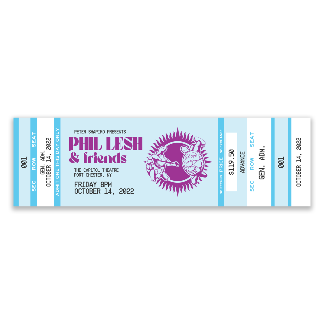 Close-up of vintage-style artwork and concert information on Phil Lesh & Friends souvenir ticket stubs from October 2022