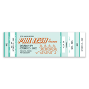 Close-up of vintage-style artwork and concert information on Phil Lesh & Friends souvenir ticket stubs from October 2022