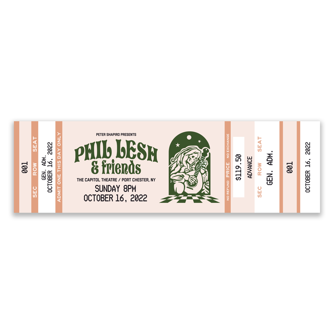 Close-up of vintage-style artwork and concert information on Phil Lesh & Friends souvenir ticket stubs from October 2022