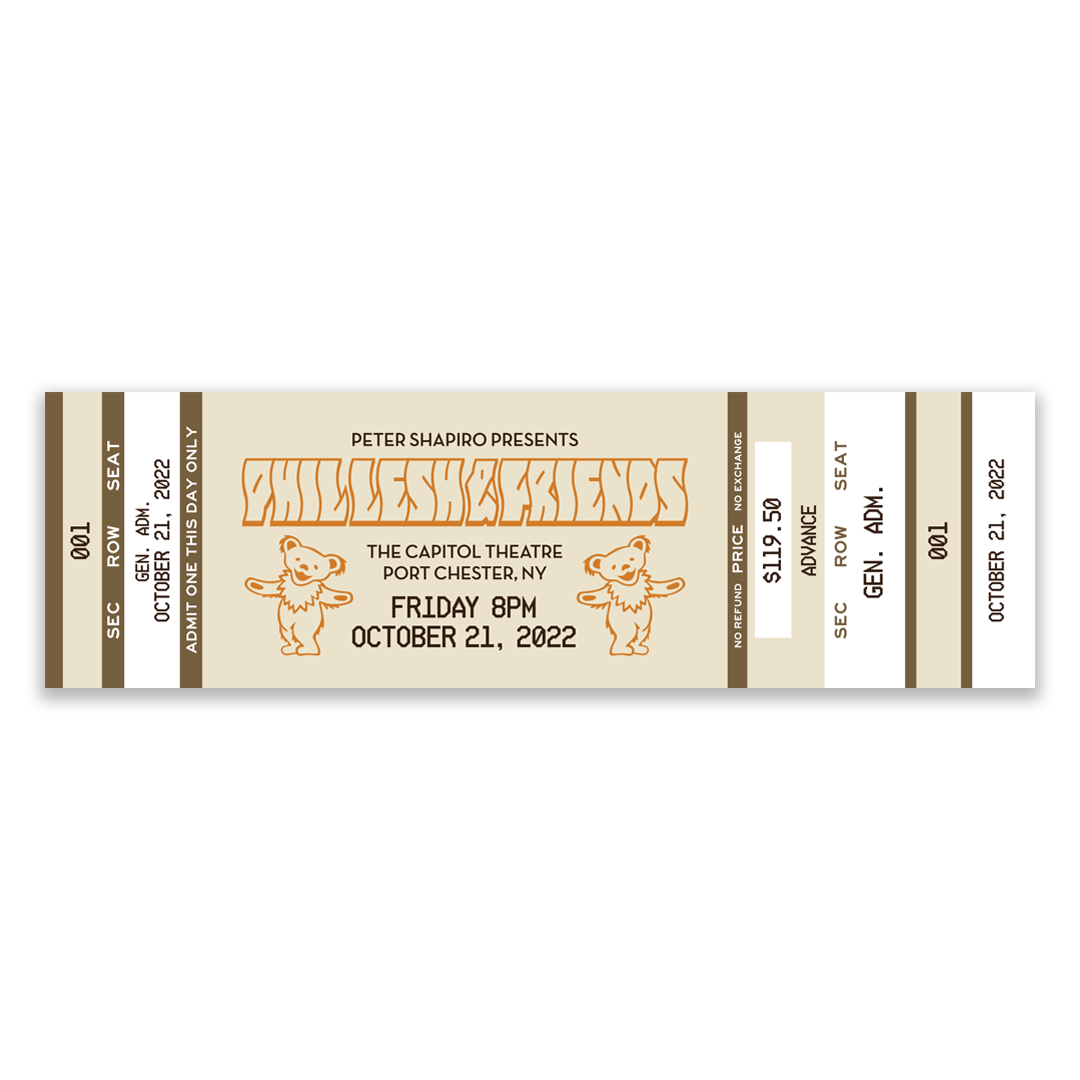 Close-up of vintage-style artwork and concert information on Phil Lesh & Friends souvenir ticket stubs from October 2022