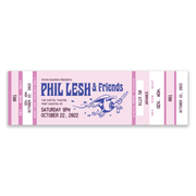 Close-up of vintage-style artwork and concert information on Phil Lesh & Friends souvenir ticket stubs from October 2022