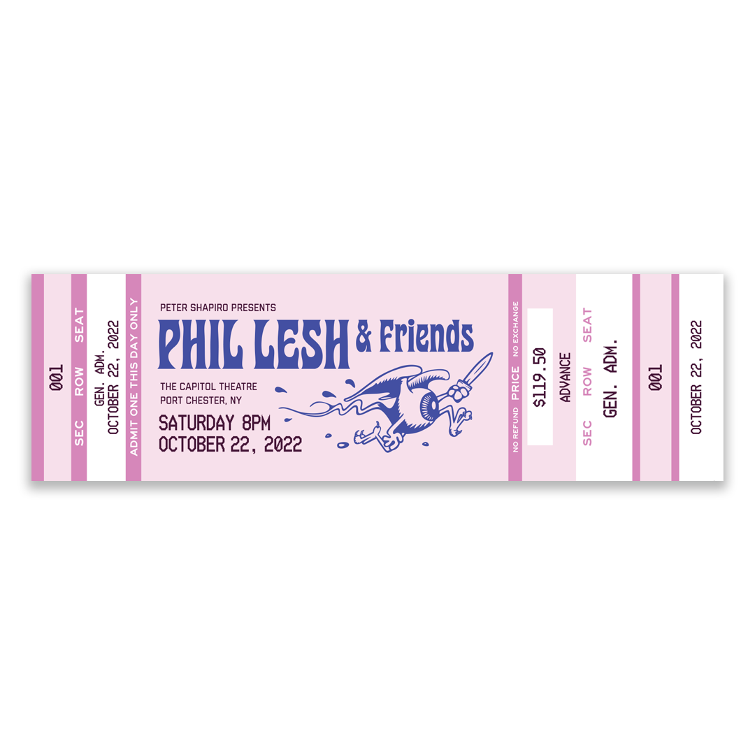 Close-up of vintage-style artwork and concert information on Phil Lesh & Friends souvenir ticket stubs from October 2022