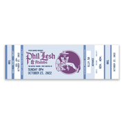 Close-up of vintage-style artwork and concert information on Phil Lesh & Friends souvenir ticket stubs from October 2022
