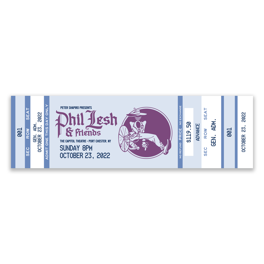 Close-up of vintage-style artwork and concert information on Phil Lesh & Friends souvenir ticket stubs from October 2022