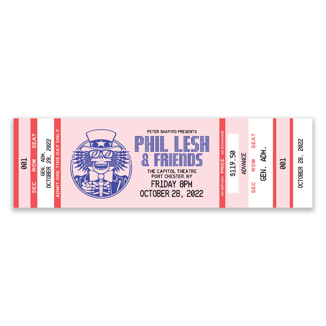 Close-up of vintage-style artwork and concert information on Phil Lesh & Friends souvenir ticket stubs from October 2022