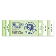 Close-up of vintage-style artwork and concert information on Phil Lesh & Friends souvenir ticket stubs from October 2022