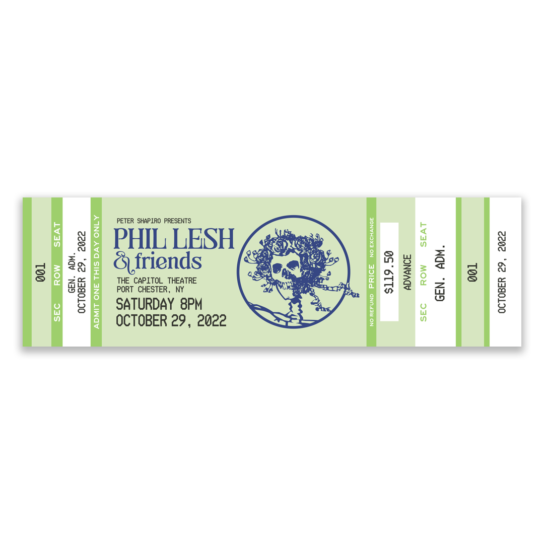 Close-up of vintage-style artwork and concert information on Phil Lesh & Friends souvenir ticket stubs from October 2022