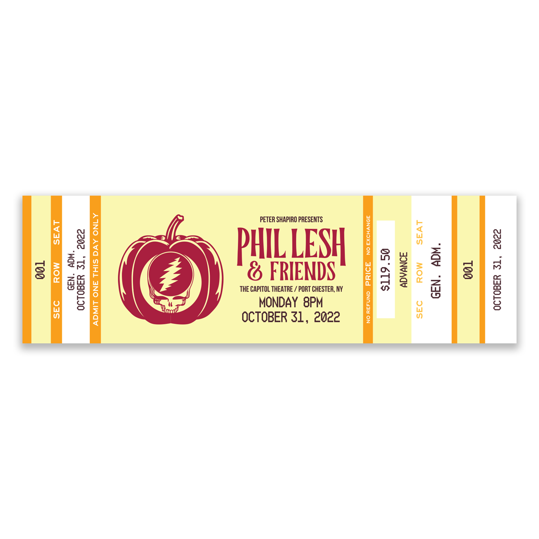 Close-up of vintage-style artwork and concert information on Phil Lesh & Friends souvenir ticket stubs from October 2022