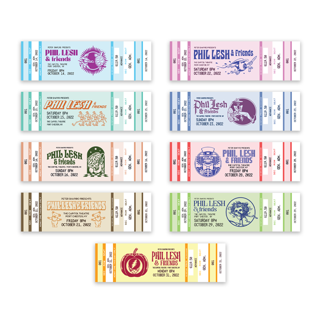 Phil Lesh & Friends mail order style souvenir ticket stubs from October 2022 featuring vintage design with event dates and colorful artwork