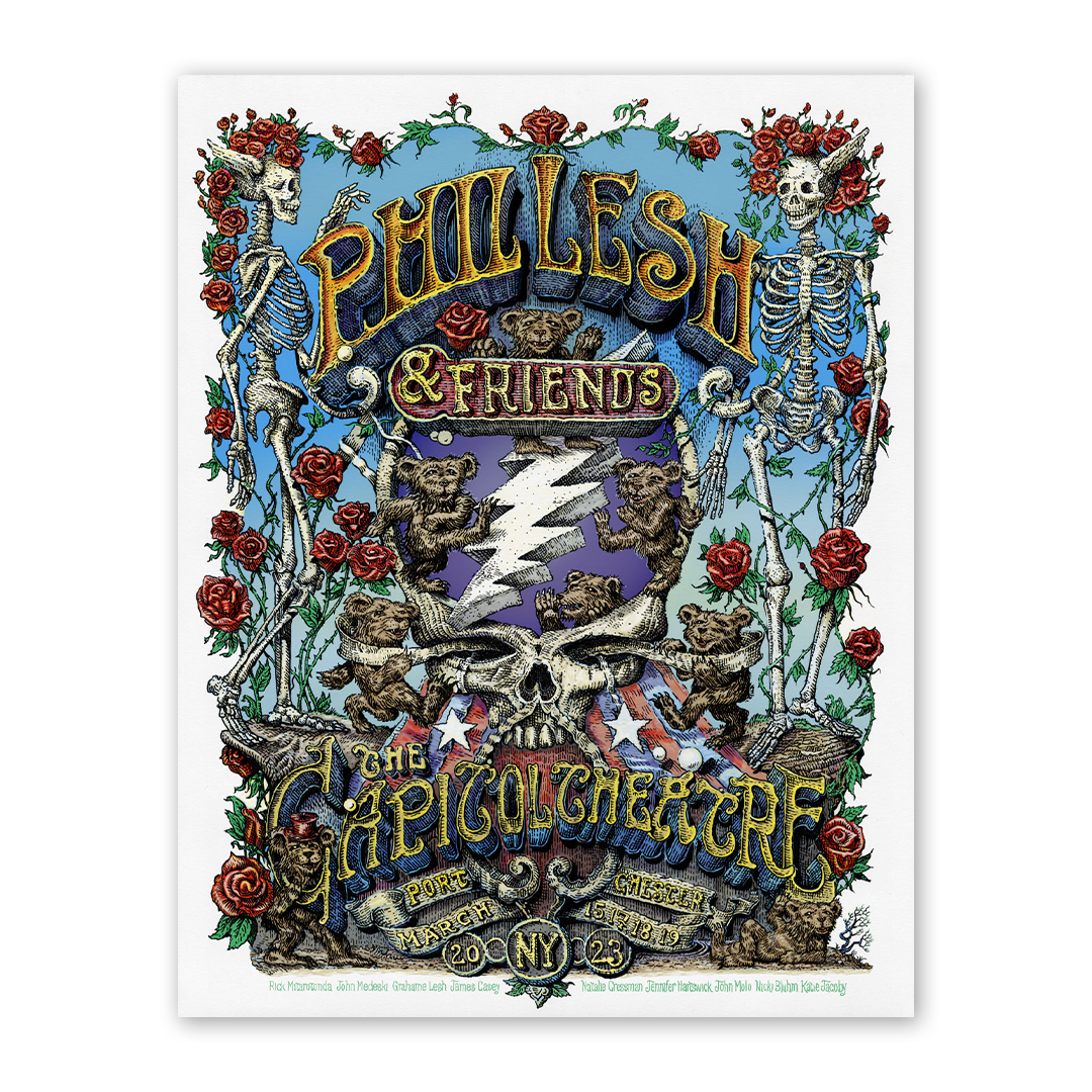 Phil Lesh & Friends main edition poster by David Welker featuring intricate, surrealist artwork with bold colors and abstract landscapes