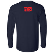 Back of Shake Yer Bones long sleeve shirt in solid navy with Relix graphic