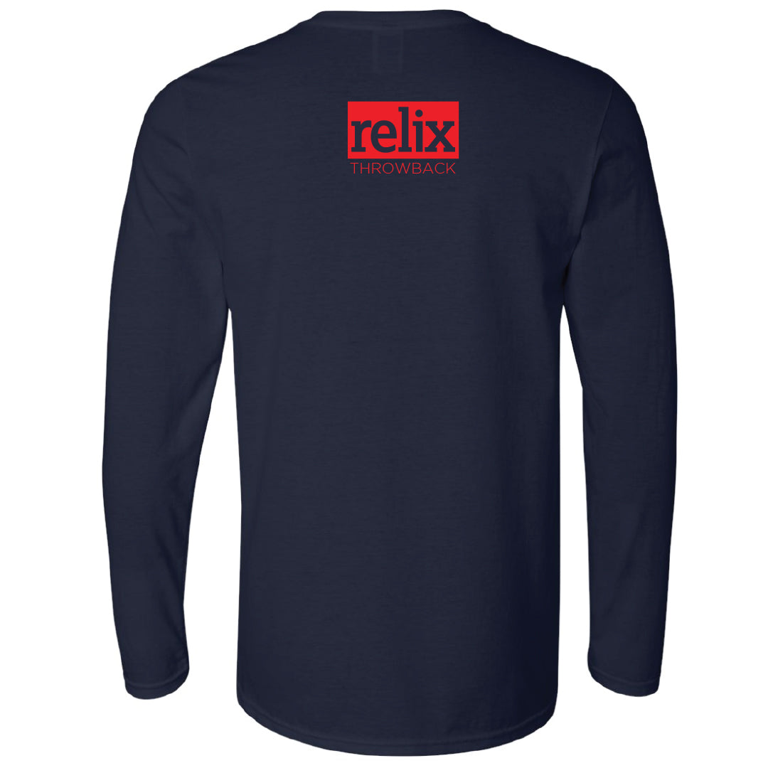 Back of Shake Yer Bones long sleeve shirt in solid navy with Relix graphic