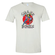 Shake Yer Bones throwback t-shirt front view featuring vintage-style skeleton dancing graphic on navy tee