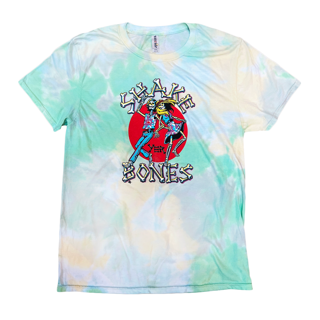 Shake Yer Bones throwback tie-dye t-shirt front view with skeleton dancing graphic