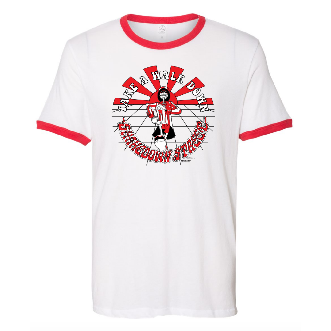Shakedown Street throwback t-shirt front view with vintage-style cityscape graphic