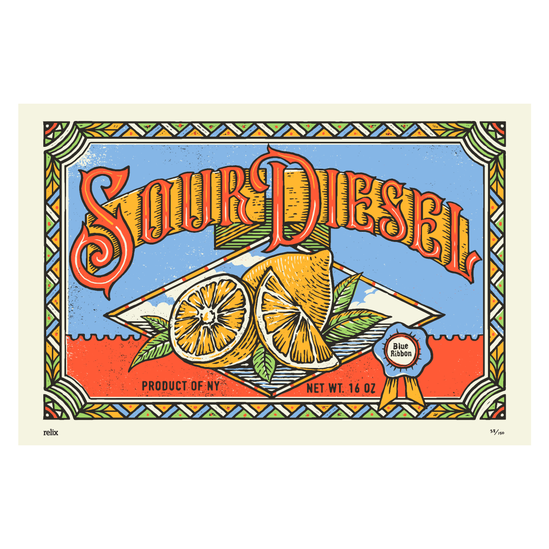 Limited edition Sour Diesel poster featuring bold, psychedelic artwork with botanical and sci-fi-inspired design elements