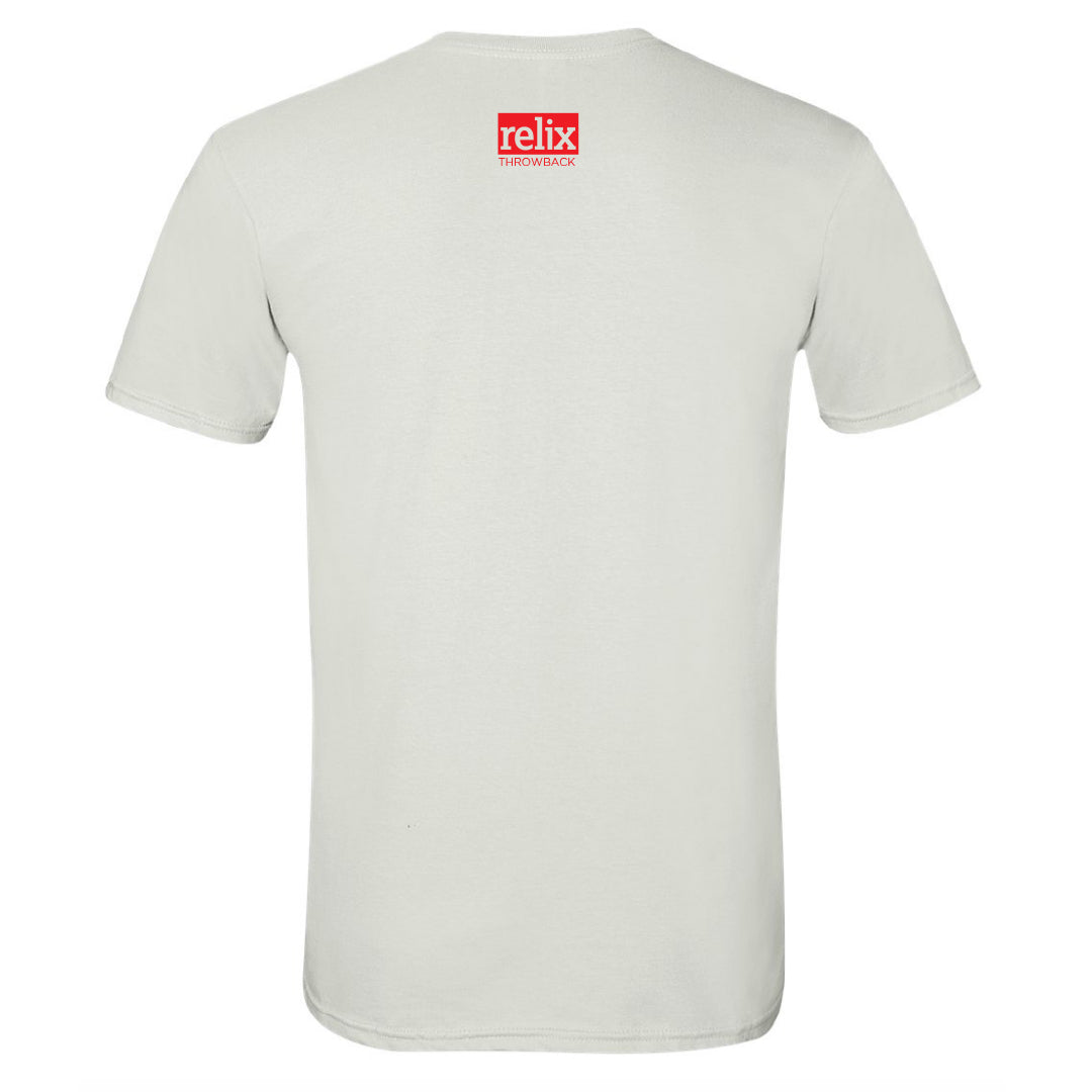 Back view of Twin Skulls throwback t-shirt showing solid back and classic fit