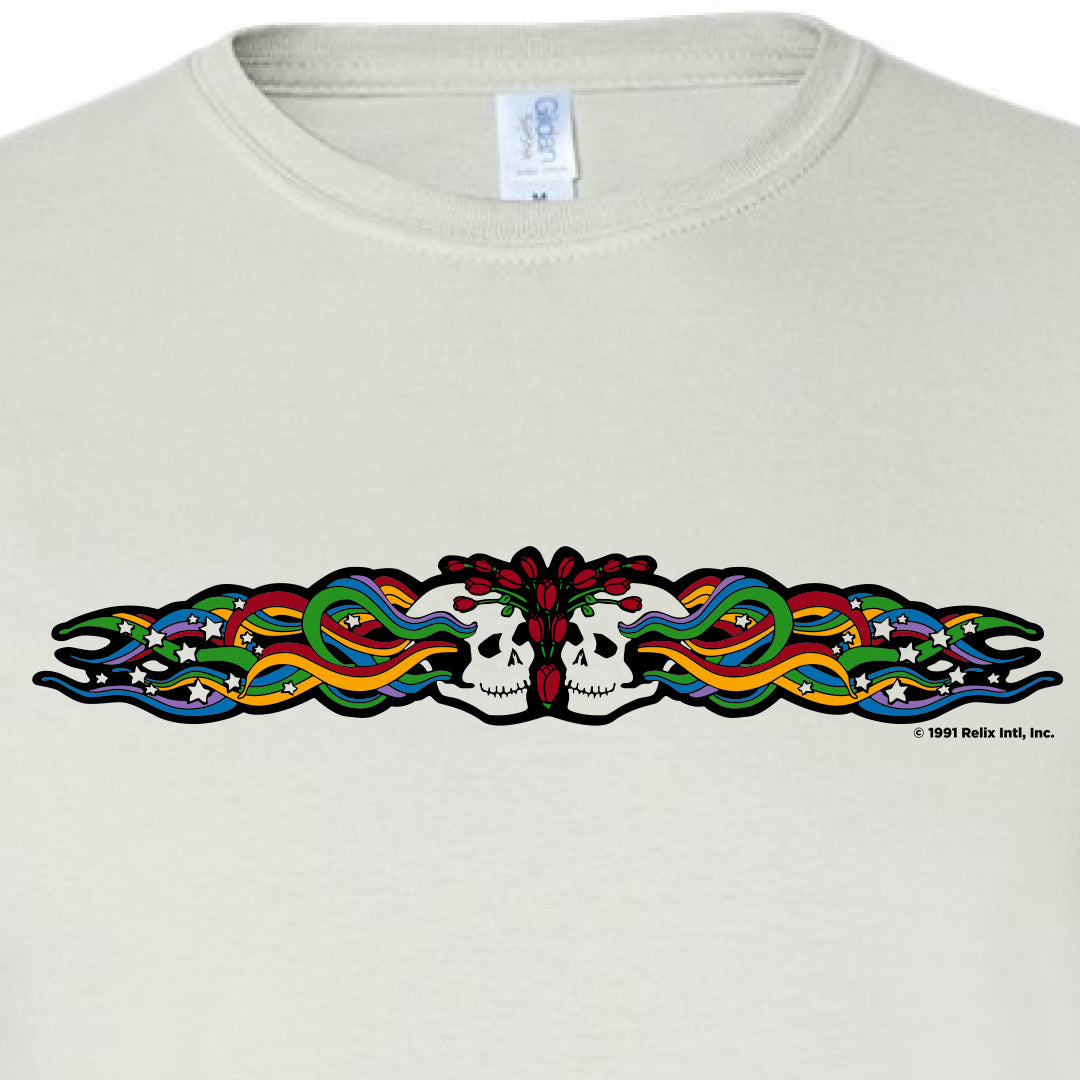 Close-up of vintage twin skulls graphic on black throwback t-shirt