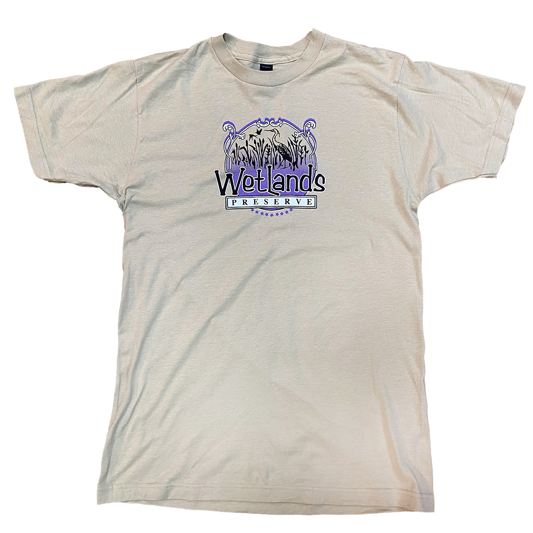 Wetlands Preserve beige t-shirt front view featuring vintage nature-inspired graphic