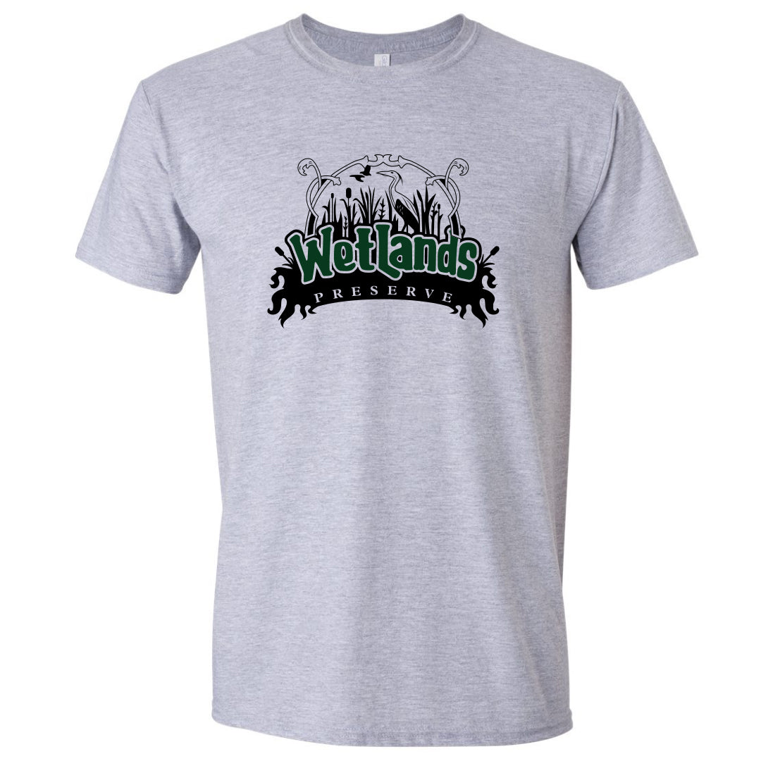 Wetlands Preserve Throwback T-Shirt with retro concert venue graphic on gray fabric
